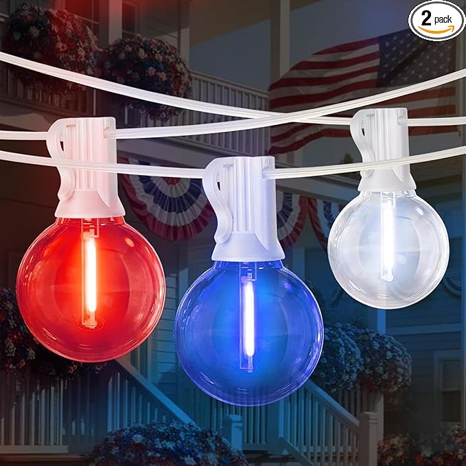 LAMPHOME 2-Pack 26Ft Outdoor Red White Blue String Lights, Patriotic Patio Light with 12+1 Edison Bulbs, LED Shatterproof String Lights for Outside Bistro Christmas Patio Party Decorations