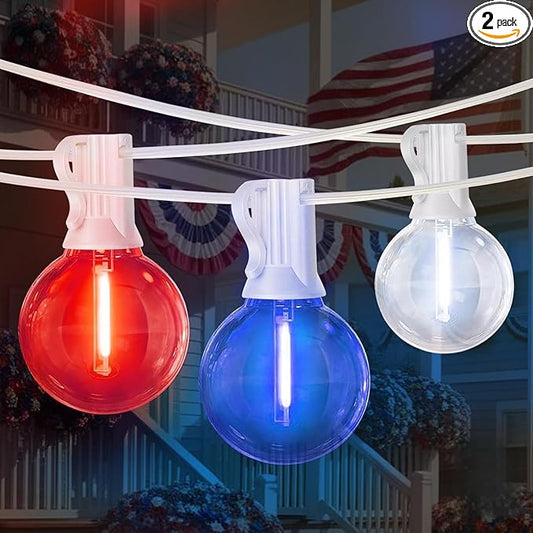 LAMPHOME 2-Pack 26Ft Outdoor Red White Blue String Lights, Patriotic Patio Light with 12+1 Edison Bulbs, LED Shatterproof String Lights for Outside Bistro Christmas Patio Party Decorations