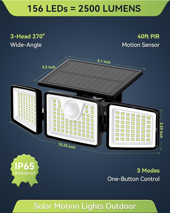 daphino 2500LM Solar Lights Outdoor with Motion Sensor,3 Head 270° Wide Angle Street Area Lights, IP65 Waterproof Security Lighting with 3 Modes(Non-Remote,2 Pcs)