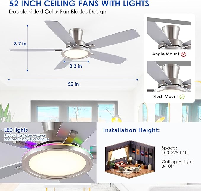 BYKISTOK 52" RGB Ceiling Fan with Light and Remote/App - Flush Mount Ceiling Fan Light with Reversible Mute Motor, RGB Ring, 5 Dual-Sided Blades, Low Profile Ceiling Fans for Indoor, Party