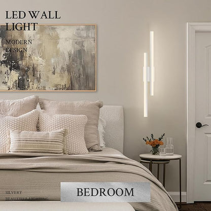 LED Wall Sconce Silver Modern Remote Wall Light Fixtures for Living Room, Dimmable LED Vanity Light Indoor Remote Wall Sconce for Bedside Bedroom Bathroom Dining Room, 31.5inch 1 Pack