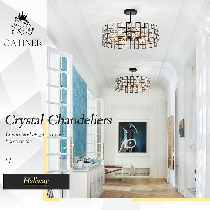 CATINER Black Crystal Semi Flush Mount Ceiling Light, 18'' Modern 6-Light Chandelier with G9 Base, Adjustable Crystal Ceiling Light Fixture for Dining Room, Bedroom, Entryway, Kitchen Island