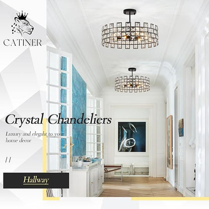 CATINER Black Crystal Semi Flush Mount Ceiling Light, 18'' Modern 6-Light Chandelier with G9 Base, Adjustable Crystal Ceiling Light Fixture for Dining Room, Bedroom, Entryway, Kitchen Island