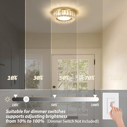 Gold Luxury Crystal Flush Mount Ceiling Lighting Fixture,11 Inch Small Dimmable LED Chandelier,5CCT 3000K-6000K 24W Modern Round Close to Ceiling Light for Hallway,Kitchen,Bedroom,Laundry Room