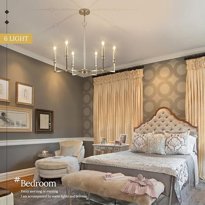 Brushed Nickel Chandelier Light Fixture 6-Light Candle Dining Room Chandelier Lighting Over Table Metal Chandeliers for Bedroom Kitchen Island Foyer Entryway, 26in
