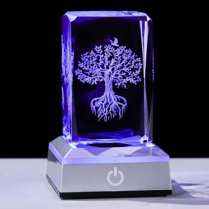 Tree of Life Crystal Cube - 3D Laser Engraved Color Changing LED Light Base | Premium Home Desk Decor, Spiritual Gifts for Women Men, Night Light & Paperweight