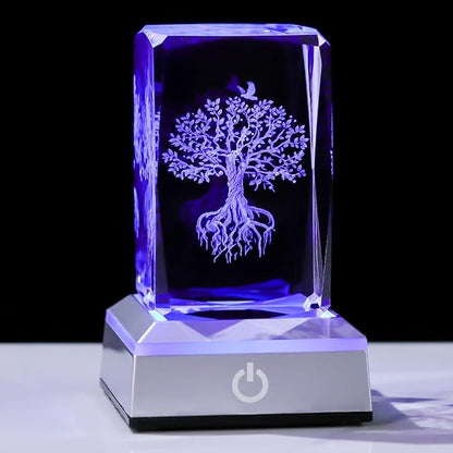 Tree of Life Crystal Cube - 3D Laser Engraved Color Changing LED Light Base | Premium Home Desk Decor, Spiritual Gifts for Women Men, Night Light & Paperweight