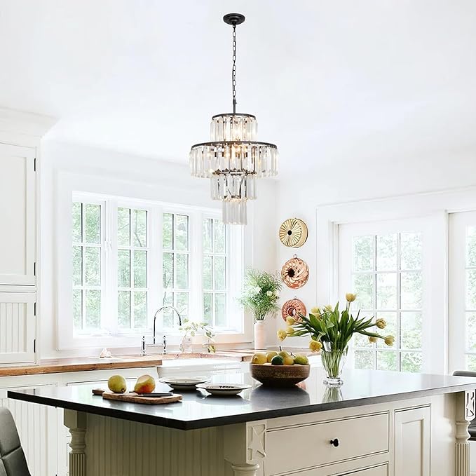 Black Crystal Chandelier, 7-Light 4 Tiers 13.77" Crystal Light, Adjustable Hanging Metal Ceiling Lighting Fixture, Modern Foyer Dining Room Chandeliers for Bedroom,Hallway,Kitchen