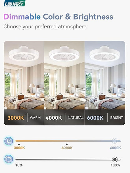 LEDIARY 22 Inch Low Profile Ceiling Fans with Lights, Led Bladeless Ceiling Fan, Remote Control Enclosed Flush Mount Ceiling Fan with Timming, 3000-6000K, 6 Wind Speed-White RGB