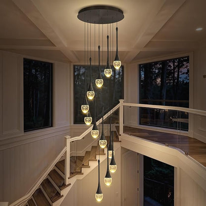 ykolupty Modern Crystal Chandeliers LED Dimmable Stairwell Chandelier 12-Lights Teardrop Chandelier Large Pendant Light for Entryway Foyer Living Room Black