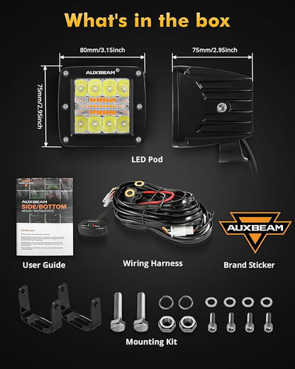 Auxbeam 6 Modes Amber White Series LED Cubes, 3Inch 72W LED Pods Dual Color Off-Road Strobe Lights, Spot Flood Combo Driving Offroad Ditch Lights Flashing Warning Functional, Pair