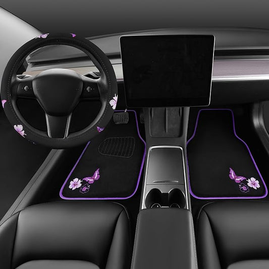 CAR PASS Butterfly Steering Wheel Cover and Waterproof Car Floor Mats,Purple Car Mats 14.5-15inch Steering Wheel Covers Universal Fit for Suvs,Sedans Cars,for Women Girl(Black and Purple)