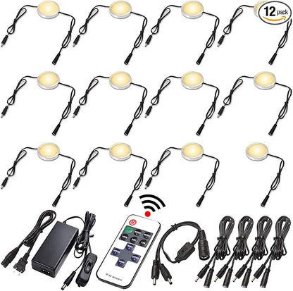 Slim Under Cabinet LED Puck Lights, 110V Wired Accent Lighting Kit, Plug-in & Direct Hardwiring, Daisy Chained linkable, RF Remote Dimmable, Black Cables, Warm White 2700K, 12 Lights