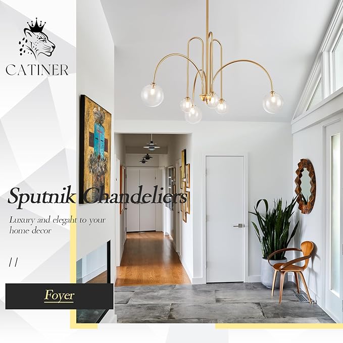 Gold Sputnik Chandelier,6 Lights Large Modern Chandelier L40”Mid Century Long Ceiling Pendant Light Fixtures for Dining Room with Clear Glass Globe Shades for High Ceiling Foyer Living Room