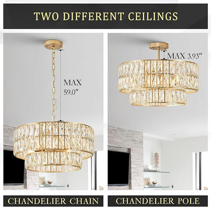 CATINER 20'' Modern Gold Crystal Chandelier Luxury Semi Flush Mount Ceiling Light Fixtures 6-Lights Round Crystal Pendant Chandelier for Dining Room Foyer Living Room Bedroom