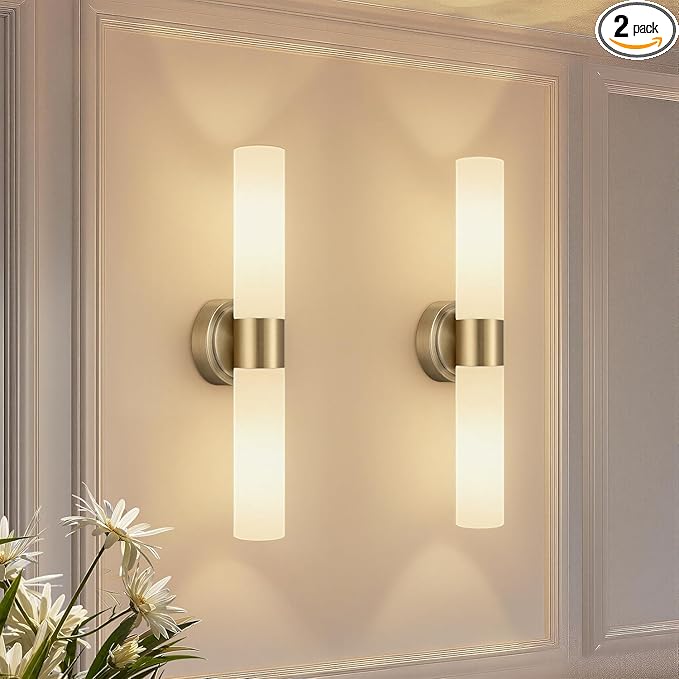 Wall Sconces Set of Two, Modern Bathroom Sconces Wall Lighting with & Milky White Glass, Brass Sconces Wall Decor Set of 2 for Bathroom Mirror Bedroom Living Room Hallway