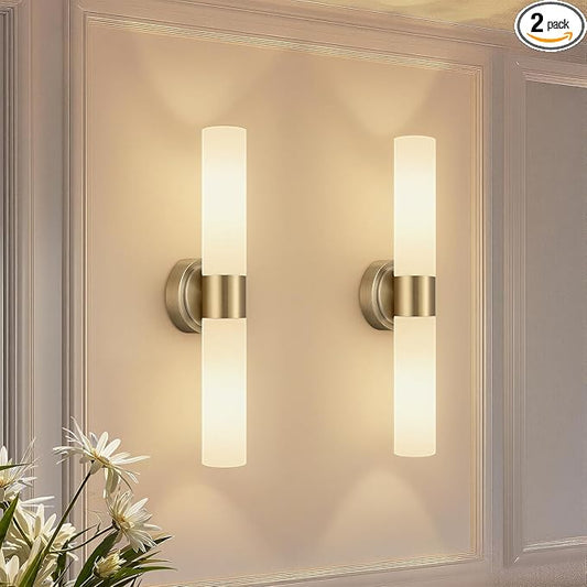 Wall Sconces Set of Two, Modern Bathroom Sconces Wall Lighting with & Milky White Glass, Brass Sconces Wall Decor Set of 2 for Bathroom Mirror Bedroom Living Room Hallway