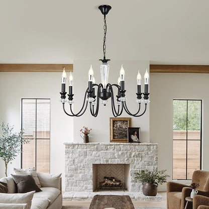 Black Chandelier, 8-Light Farmhouse Candle Chandelier for Living Room, Rustic Industrial Pendant Chandeliers for Dining Room, Vintage Crystal Hanging Light fixture for Hallway Kitchen Foyer E12
