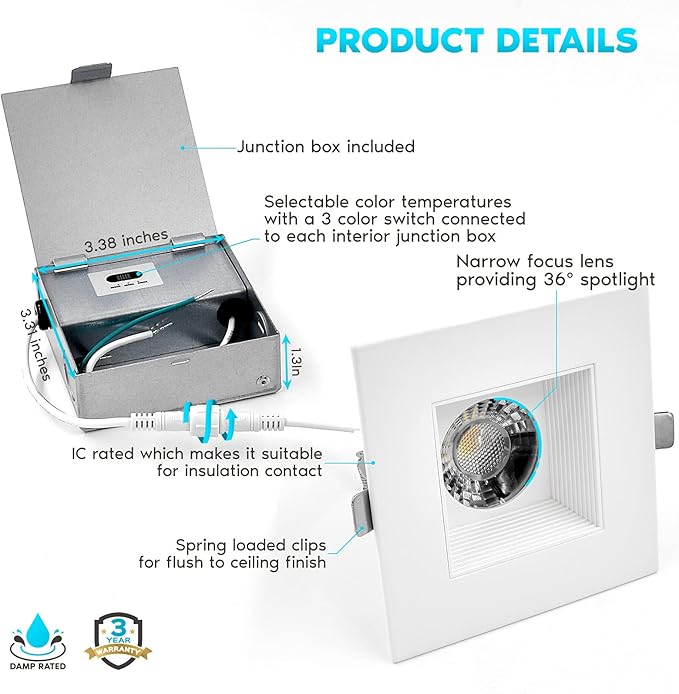 LUXRITE 4 Inch Square LED Recessed Lighting with Junction Box, 15W, 1200 Lumens, 3 Color Options 3000K - 5000K, Regressed LED Downlight, 36° Narrow Spotlight, Dimmable, CRI 90, IC Rated, Damp Rated