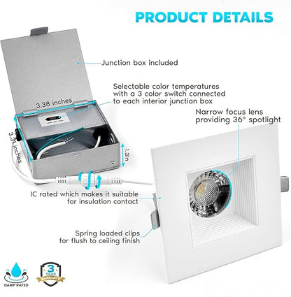 LUXRITE 4 Inch Square LED Recessed Lighting with Junction Box, 15W, 1200 Lumens, 3 Color Options 3000K - 5000K, Regressed LED Downlight, 36° Narrow Spotlight, Dimmable, CRI 90, IC Rated, Damp Rated