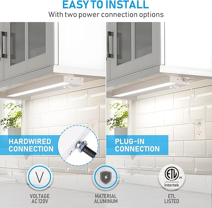 TORCHSTAR LED Under Cabinet Lighting 3CCT, 22 Inch 14W 960LM, Hardwired & Plug-in, 3 Color Selectable CRI90 120V ETL Listed Dimmable Under Counter Lights for Kitchen, White Aluminum Housing, 2 Pack