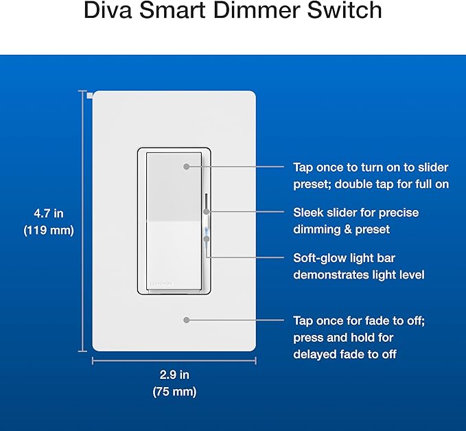 Lutron Deluxe Diva Smart Dimmer Kit for Caseta Lighting w/ Hub and Pico Remote, and Pedestal, 1 Wallplate, Smart Dimmer Works with Apple Home, Ring, Google Home, 3 Way