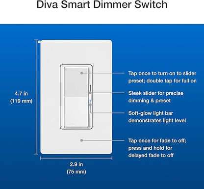 Lutron Deluxe Diva Smart Dimmer Kit for Caseta Lighting w/ Hub and Pico Remote, and Pedestal, 1 Wallplate, Smart Dimmer Works with Apple Home, Ring, Google Home, 3 Way