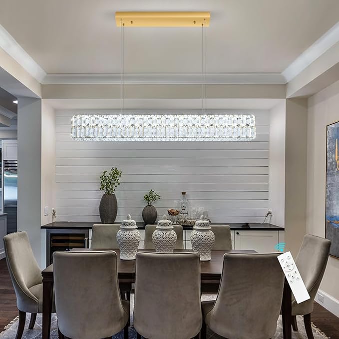 47 Inch Rectangular Crystal Chandelier Glam Dimmable LED Chandeliers for Dining Room Linear Pendant Light with Remote Control for Kitchen Island Gold