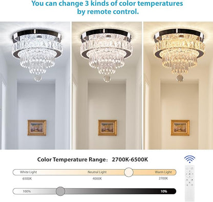 11.8" Dimmable Crystal Chandelier Crystal Ceiling Light Modern Chandeliers Flush Mount Ceiling Light Lamp Fixture for Dining Room Living Room Bedroom Hallway Remote Control