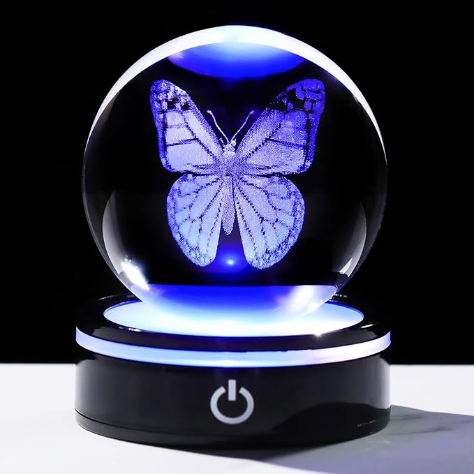YWHL 3D Crystal Ball Butterfly Figurine with Colorful LED Base, Butterfly Gifts for Women Men on Christmas Birthday, Butterflies Ornament Glass Sphere Decorative Ball for Home Decor (80mm)