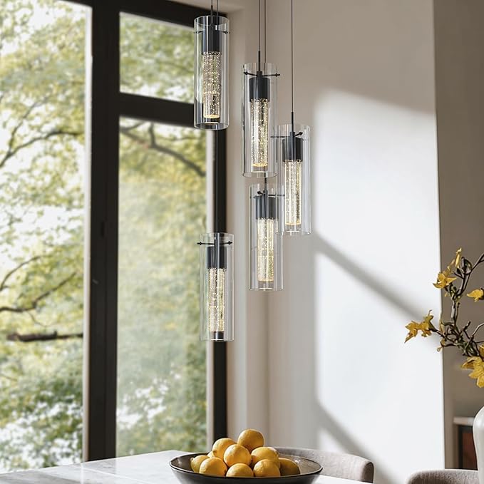 Tawson Alice 5-Light Chandelier Pendant Ceiling Light, Integrated Led and Bubble Glass, for Kitchen Island, Hallway, Entryway, Passway, Dining Room, Bedroom, Balcony Living Room (Black)