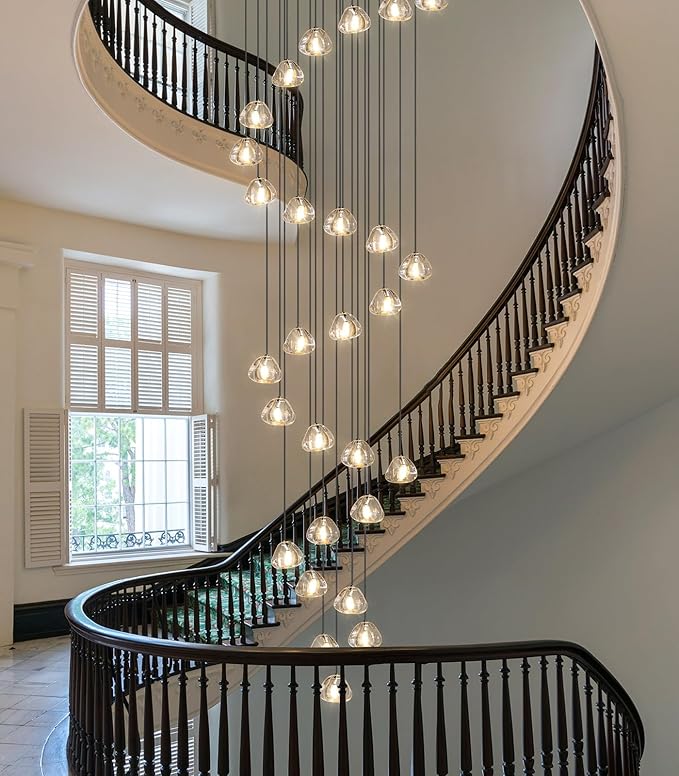 HAIXIANG 157 Inches Long Chandelier Bubble Crystal Balls Glam Chandeliers Dimmable Light High Ceiling Pendants Light Adjustable Large Size Lighting Fixtures Black