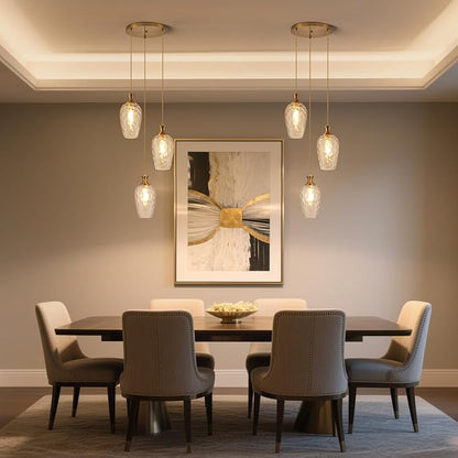 3-Light Pendant Lighting, Modern Brushed Gold Dining Room Chandelier Light Fixture Over Table with Hammered Glass, Brass Cluster Hanging Lights for Kitchen Island Dining Room Bedroom, E26