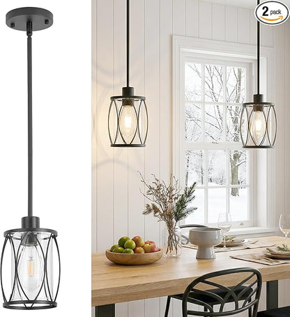 Glass Pendant Lights Kitchen Island Black Pendant Light Fixtures Adjustable Farmhouse Mini Hanging Light with Clear Glass for Sink Dining Room Foyer Entryway Bar, 2 Pack