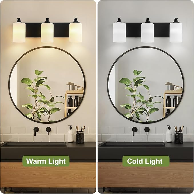 Bathroom Vanity Light Fixtures,3-Light Matte Black Bathroom Lighting Fixtures Over Mirror with Milk White Glass Shades Modern Farmhouse Vanity Lights Wall Sconces