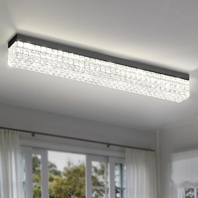 ykolupty L 40" Modern Rectangle Chandelier Black Rectangular Flush Mount Chandelier Crystal Ceiling Light Fixture for Dining Living Room Kitchen Island
