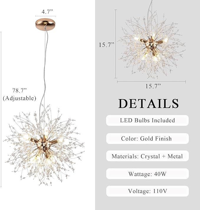 Small Crystal Chandelier, 8-Light Modern Sputnik Hanging Light Fixtures in Gold, Round Dandelion Pendant Lighting for Kitchen Island Bedroom Bathroom Entryway Dining Room (Gold, D15.7inch)