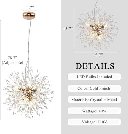 Small Crystal Chandelier, 8-Light Modern Sputnik Hanging Light Fixtures in Gold, Round Dandelion Pendant Lighting for Kitchen Island Bedroom Bathroom Entryway Dining Room (Gold, D15.7inch)