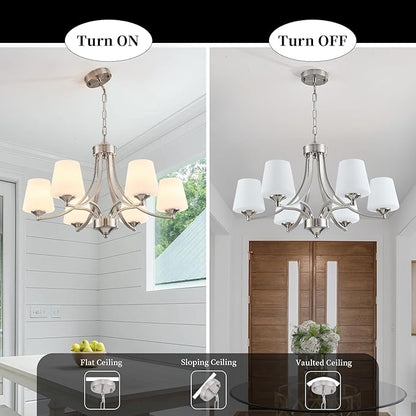 6-Light Brushed Nickel Chandeliers for Dining Room with Frosted Glass Farmhouse Silver Ceiling Hanging Lighting Fixtures Classic Pendant Lamp for Living Room,Dining Table,47.2 Height Adjustable