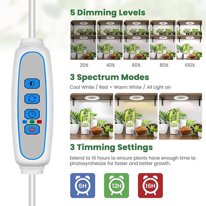 Kullsinss 6" Ceiling Grow Lights for Indoor Plants, 168 LEDs Full Spectrum Grow Light, Halo Under Cabinet Plant Growing Lamp with 6/12/16H Auto Timer, 3 Spectrum Modes, 5 Brightness Levels (2-Head)