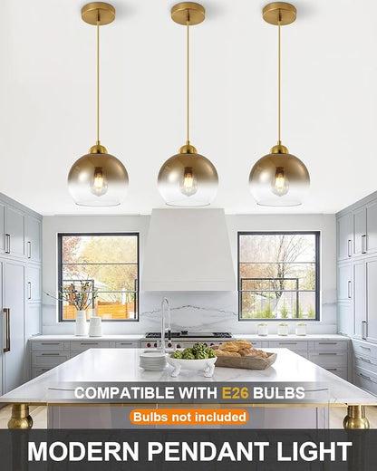 Modern Gradient Gold Glass Pendant Light，7.8-Inch Globe Adjustable Hanging Pendant Light for Bedroom Kitchen Island Dining Room Stairwell
