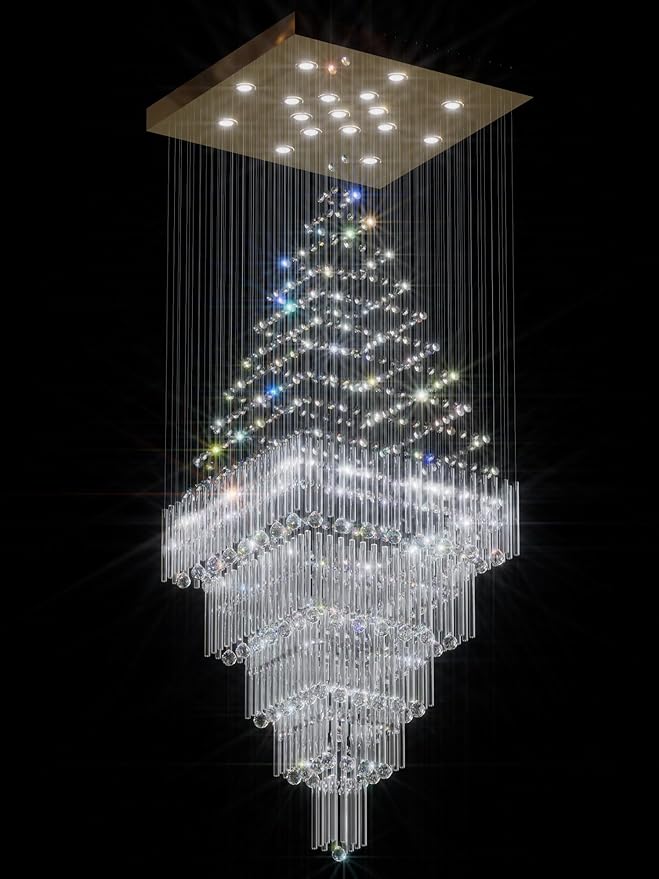 D40''X H80'' Extra Large Chandeliers for High Ceilings Crystal Raindrop Gold Chandeliers Large Villa Chandelier Entrance Foyer Square Ceiling Light LED Dimmable 2700K-6000K 16 led bulbs include