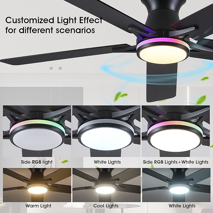 52" RGB Ceiling Fans with Lights and Remote/APP,Black Low Profile Ceiling Fans,Modern Flush Mount Ceiling Fans for Bedroom Kids Room