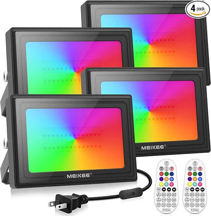 MEIKEE 25W RGB LED Flood Lights Outdoor, 2500LM 250W Equivalent RGB Color Changing Flood Lighting with Plug, IP66 Waterproof Wall Stage Lights for Christmas Halloween Home Decoration (4 Pack)