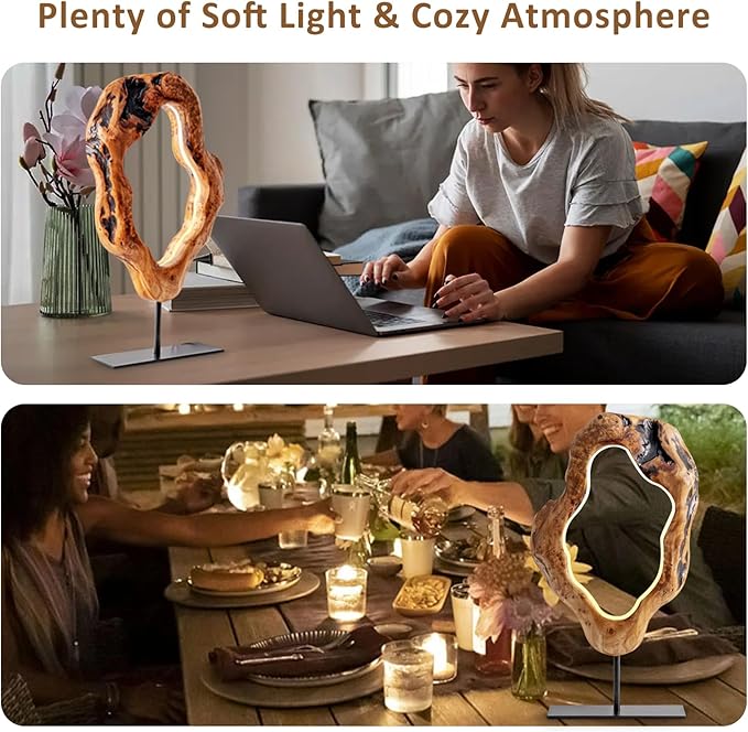 LAPTAIN LED Wood Table Lamp, Irregular Bedside Lamp with Dimmable, Creative Home Decor Table Lamp, Bedside Night Light for Bedroom, Living Room, Large
