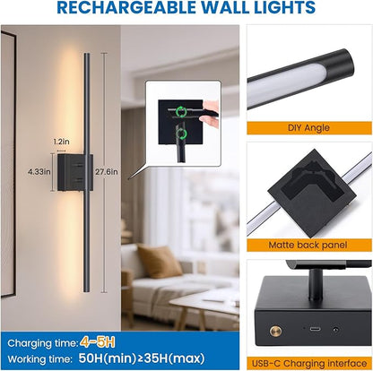 NIORSUN 28 Inch Battery Operated Wall Sconce Set of 2, Black Rechargeable Wall Lights with DIY Independently Rotatable Tube, 3CCT Dimmable Wireless Wall Sconces for Living Room Bedroom Hallway