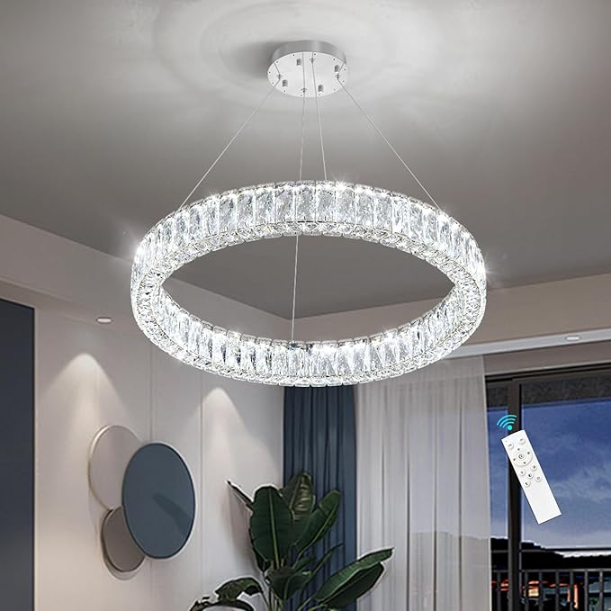 HAIXIANG Modern Crystal Chandelier Dimmable LED Ring Pendant Lights Adjustable Glam Chandeliers Lighting Fixtures for Dining Room Living Room Bedroom Silver Light