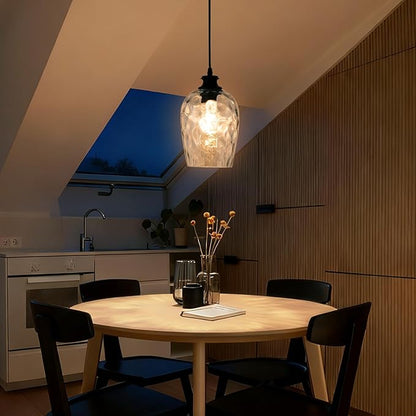 Modern Plug in Pendant Light with Dimmable Switch E26 Clear Rippled Glass Shade Hanging Lights with 16.4 Ft CordPlug in Hanging Lamp for Kitchen Island Bedroom Living Room （Bulb not Included）