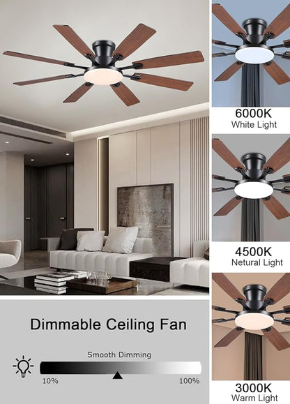 JSAITEE 60Inch Ceiling Fan with Lights and Remotes, Large Low Profile Flush Mount Ceiling Fans,DC Reversible Motor, 3CCT Dimmable,Noiseless,Dual Finish, Brown 6 Speeds Ceiling Fan for Indoor/Outdoor