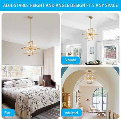 XINGQI 14.96" Gold Chandelier Geometric Pendant Lighting 8-Light Farmhouse Modern Ceiling Light Fixtures for Dining Room Living Room Kitchen Island Bedroom Hallway